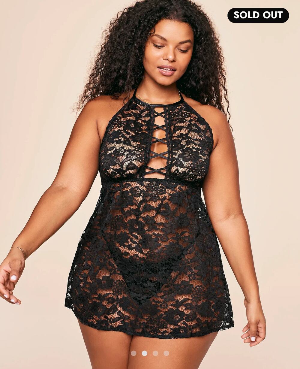 Adore Me Loraina Babydoll Set 1X Black Lace Halter Lingerie NWT Sheer